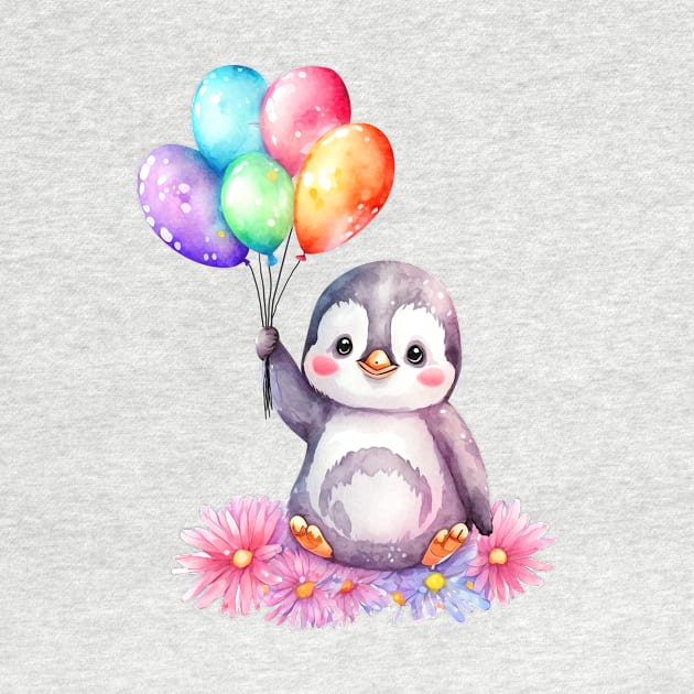 baby penguin holds balloon by abbeheimkatt